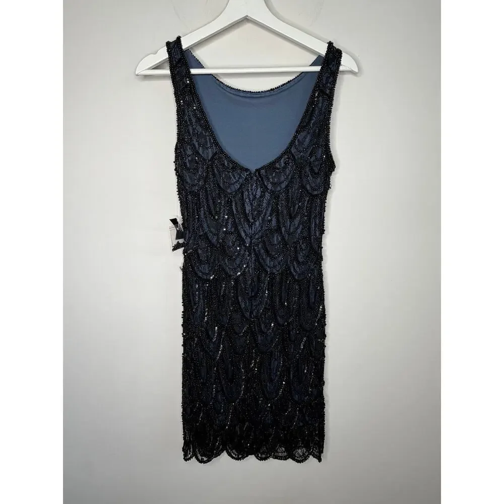 Pisarro Nights Embellished Sequins Sleeveless Mini Cocktail Dress Navy Blue 6